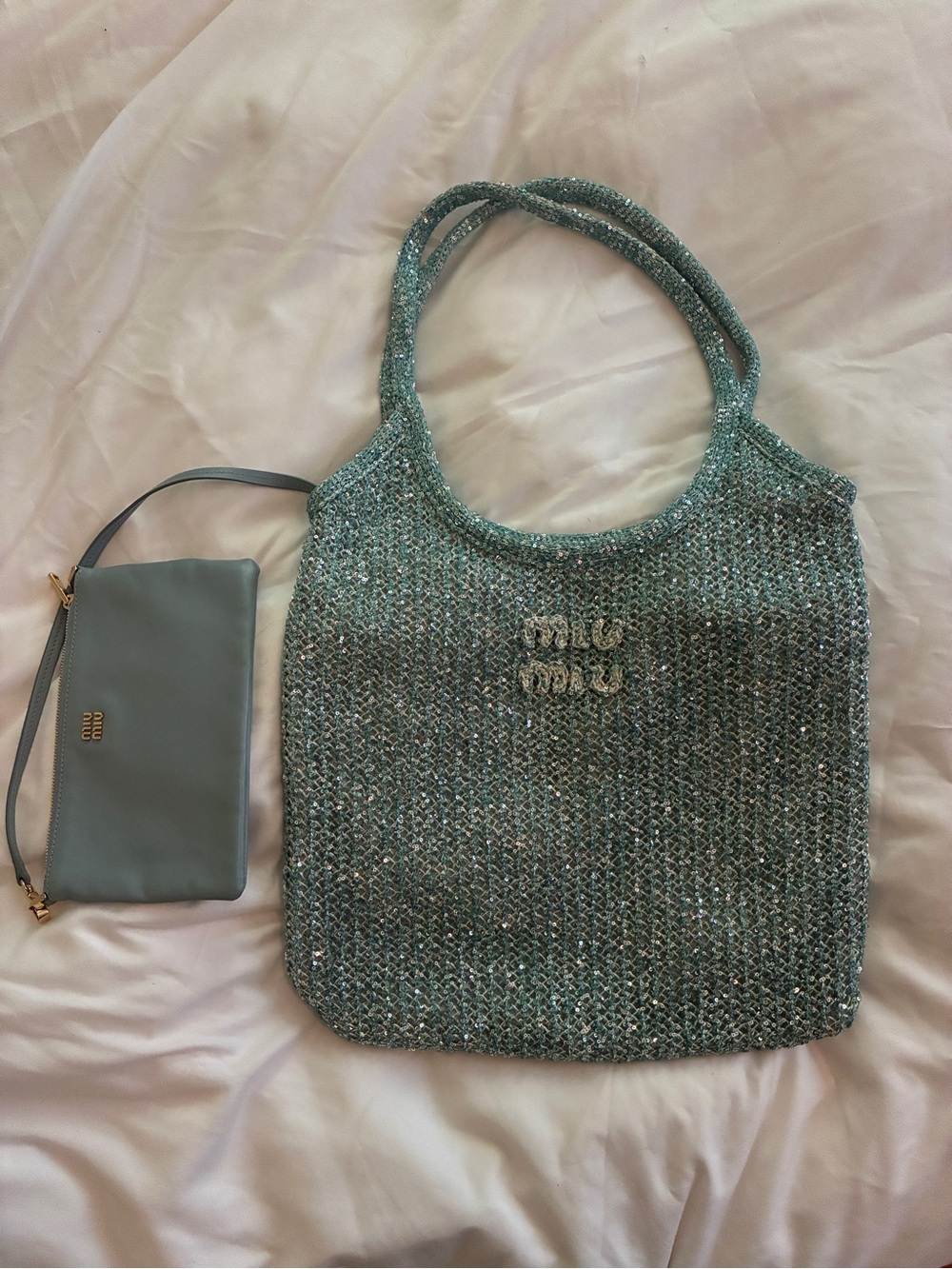 Miu Miu Teal Knit Tote with Matching Teal Pouch